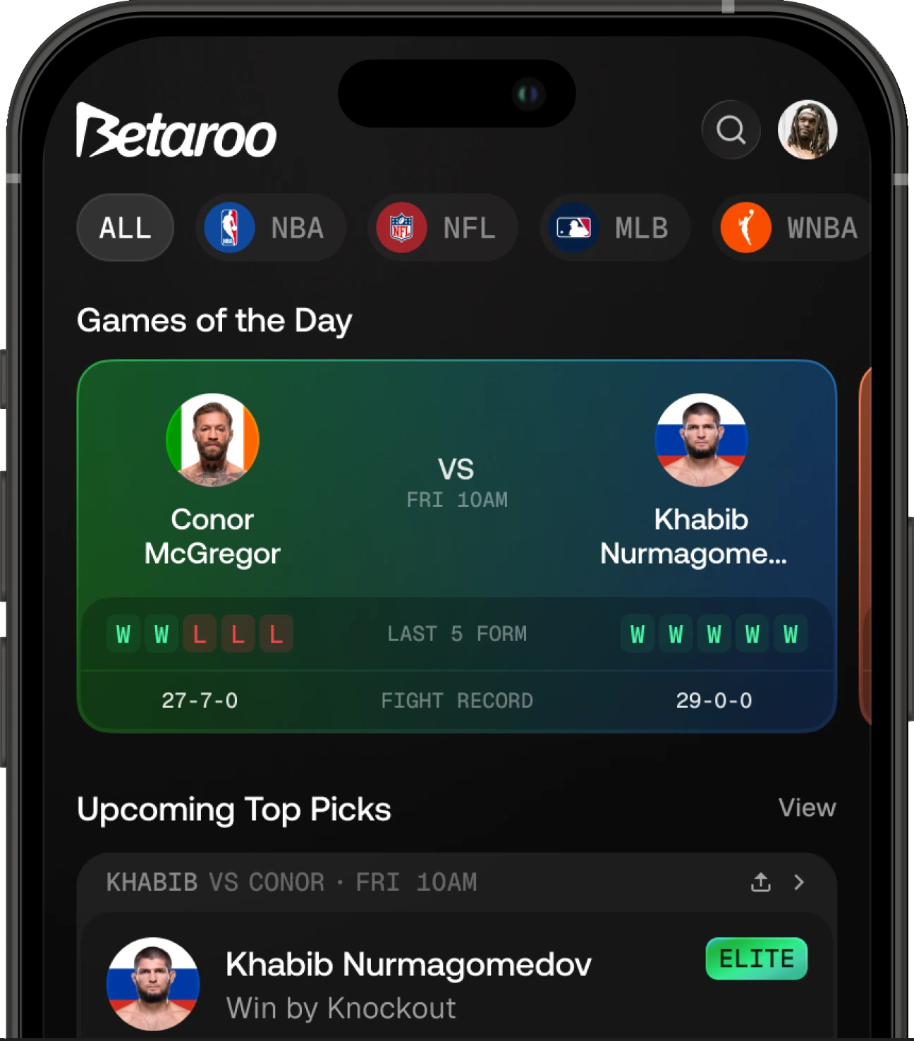 Betaroo app showing games of the day and upcoming top picks
