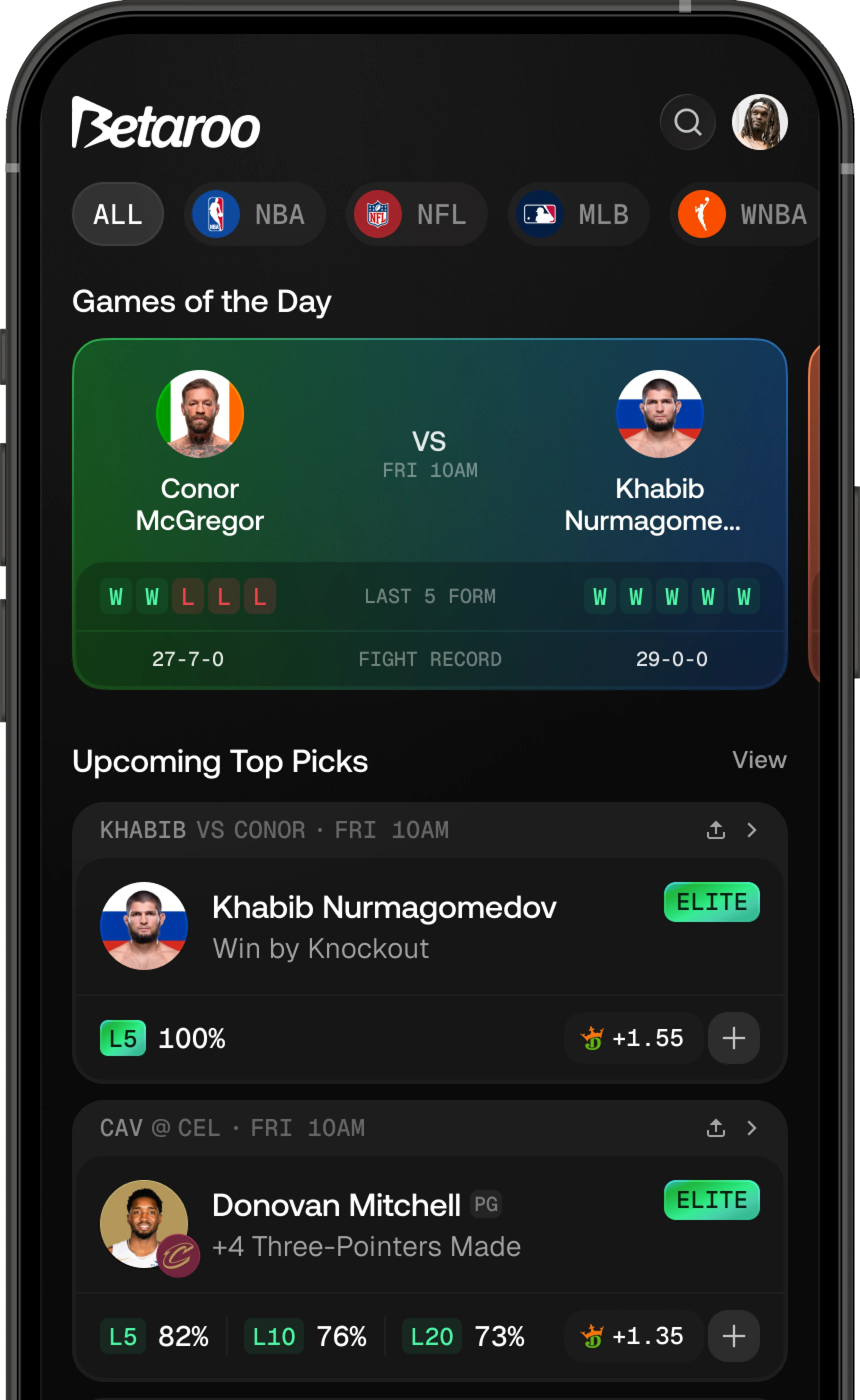 Betaroo app home screen showing games of the day and top picks
