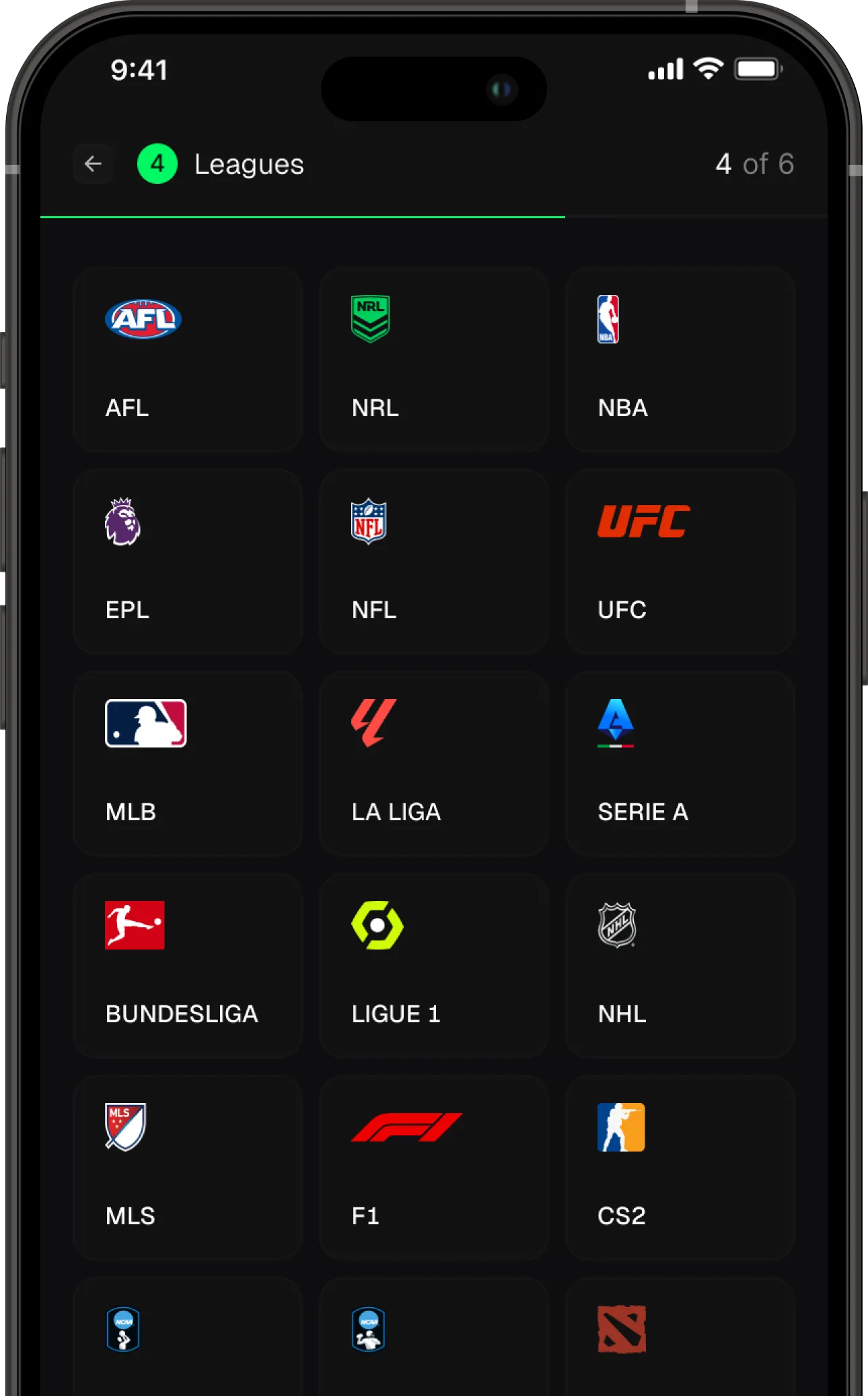 Betaroo app league selection screen